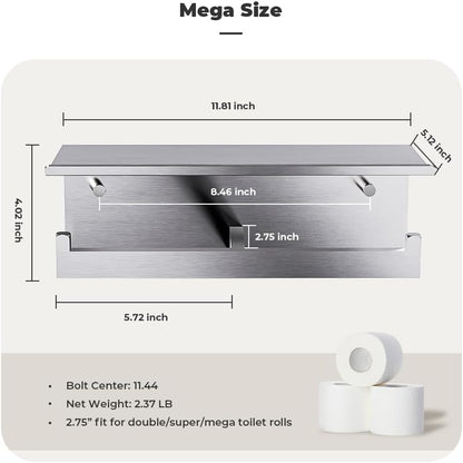 Double Toilet Paper Holder with Shelf, FreshGlow Large Tissue Holder Brushed Nickel, Wall Mount Commercial Toilet Paper Dispenser Phone Shelf Stainless Steel, Tissue Roll for Bathroom