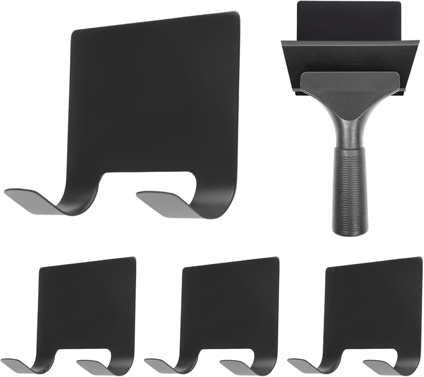 MOROBOR 4 Pcs Shower Squeegee Adhesive Hook, All-Purpose Scraper Holders Towel Hooks Stainless Steel Waterproof Storage Hook Bath Accessories for Kitchen & Bathroom（Black）