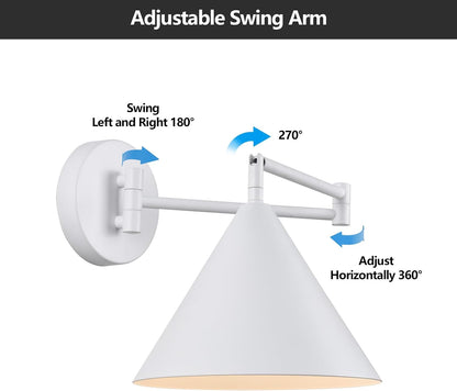 Rechargeable Swing Arm Wall Sconces Set of 2,Gold Battery Operated Wireless Dimmable 3 Color Wall Light with Remote,Cone Indoor Light Fixture for Bedside,Kitchen,Hallway,Living Room,Reading