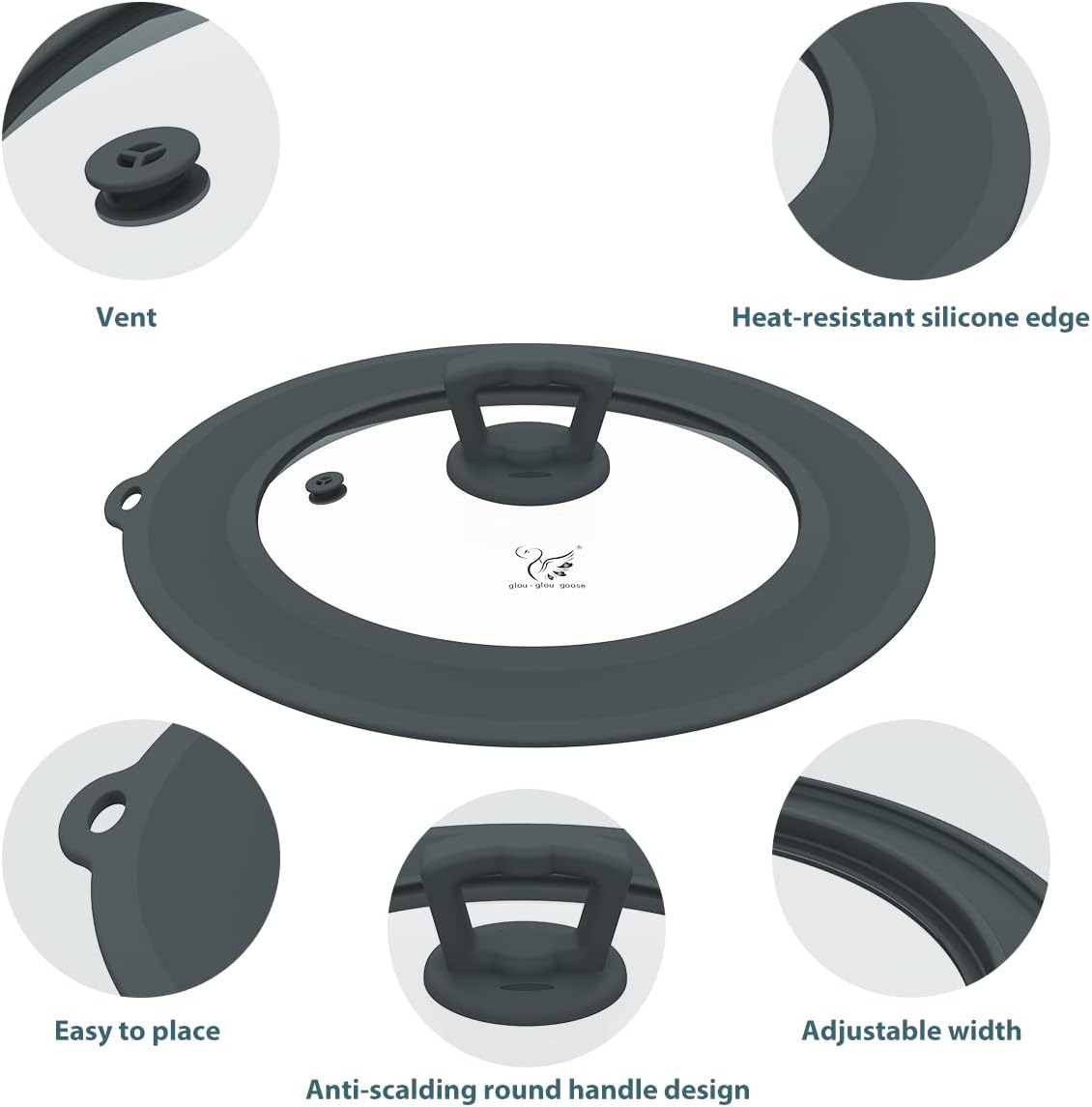 Vented Tempered Glass Universal Lid for Pot Pan Skillet with Heat Resistant Silicone Rim Microwave Splatter Lid Cover Microwave Safe Fit 11.5" 12" 12.5" Cookware, Dishwasher Safe Black