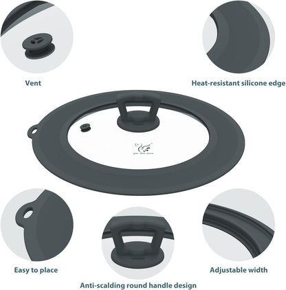 Vented Tempered Glass Universal Lid for Pot Pan Skillet with Heat Resistant Silicone Rim Microwave Splatter Lid Cover Microwave Safe Fit 11.5" 12" 12.5" Cookware, Dishwasher Safe Black