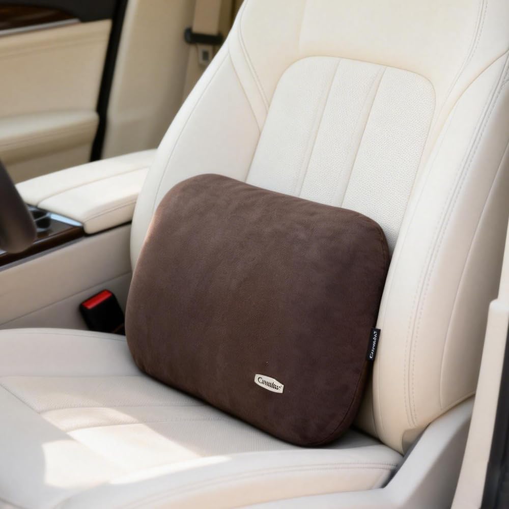 Lower Back Automotive Lumbar Support Pillow for Car Recliner Cushion Black | Soft Latex Memory Foam Suede, Home Office Chair Desk Accessories, Thin Waist Pain Relief, Driving Seat Relax, Ergonomic