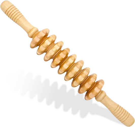 Wooden Fascia Massage Roller – Handheld Myofascial Release Massage Stick | Trigger-Point Knobs for Deep Tissue, Cellulite, Muscle Recovery & Circulation, and Lymphatic Drainage Massager
