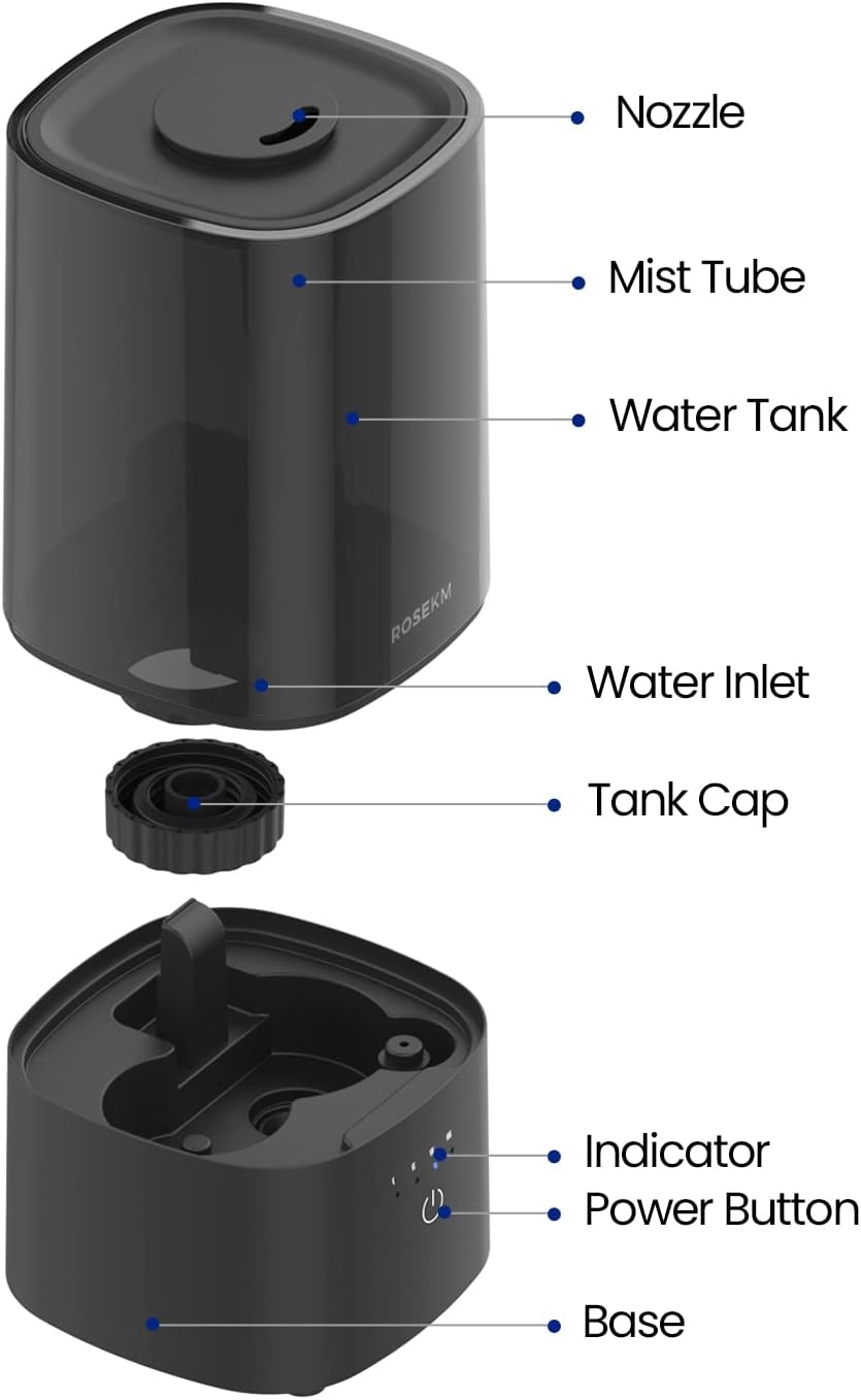 ROSEKM 2L Cool Mist Humidifier for Bedroom and Plants, Quiet, Black