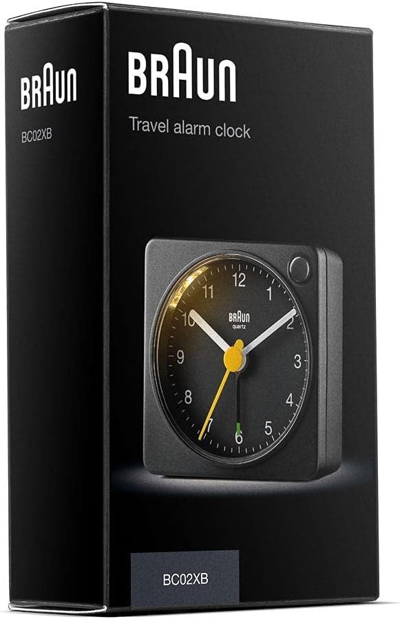 Braun Classic Travel Analogue Alarm Clock with Snooze and Light, Compact Size, Quiet Quartz Movement, Crescendo Beep Alarm in Black, Model BC02XB.