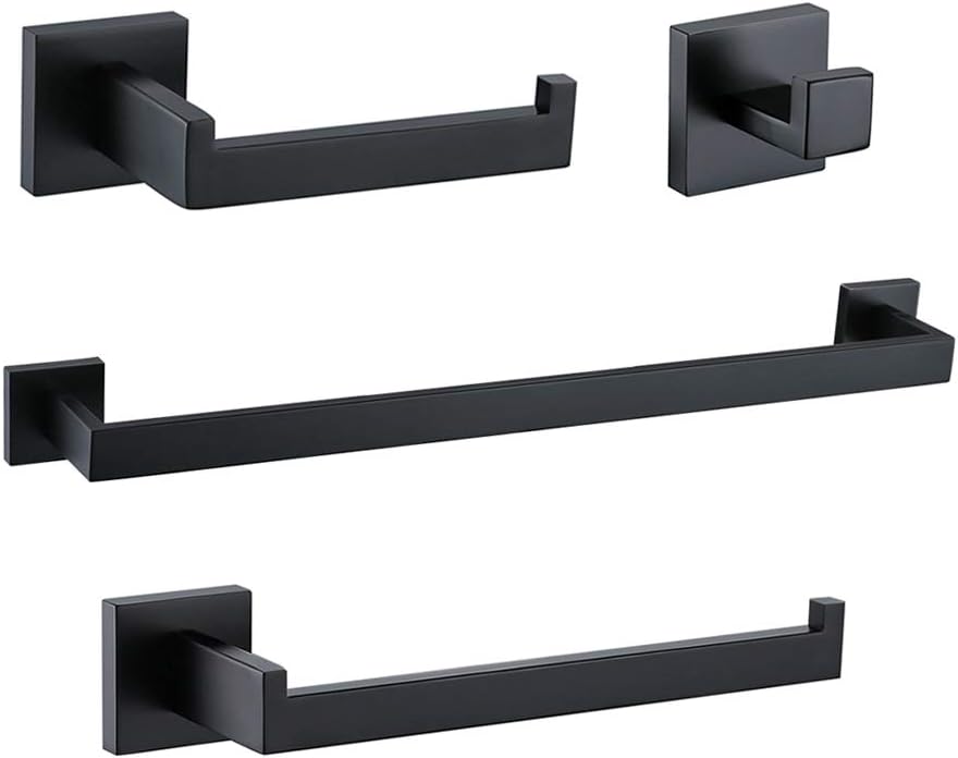 TURS Bathroom Hardware Set Black 4-Piece Towel Bar Set Include 24 Inch Towel Bar Hand Towel Holder Towel Hook Toilet Paper Holder with Shelf Wall Mounted Stainless Steel Bathroom Accessories Set