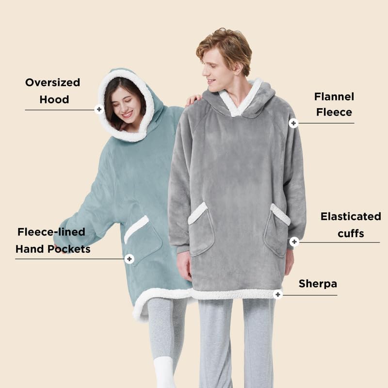 Bedsure Wearable Blanket Sherpa Hoodie Gifts, Sweatshirt, Grey, Standard