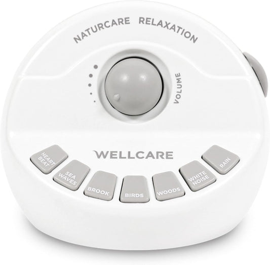 WELLCARE - Naturcare Sound Relaxation: 7 Nature Sound Machine with White Noise, Sleep Aid for Babies and Adults, Stepless Volume, Timer, Adapter Powered (Included) or Battery Operated (Not Included)