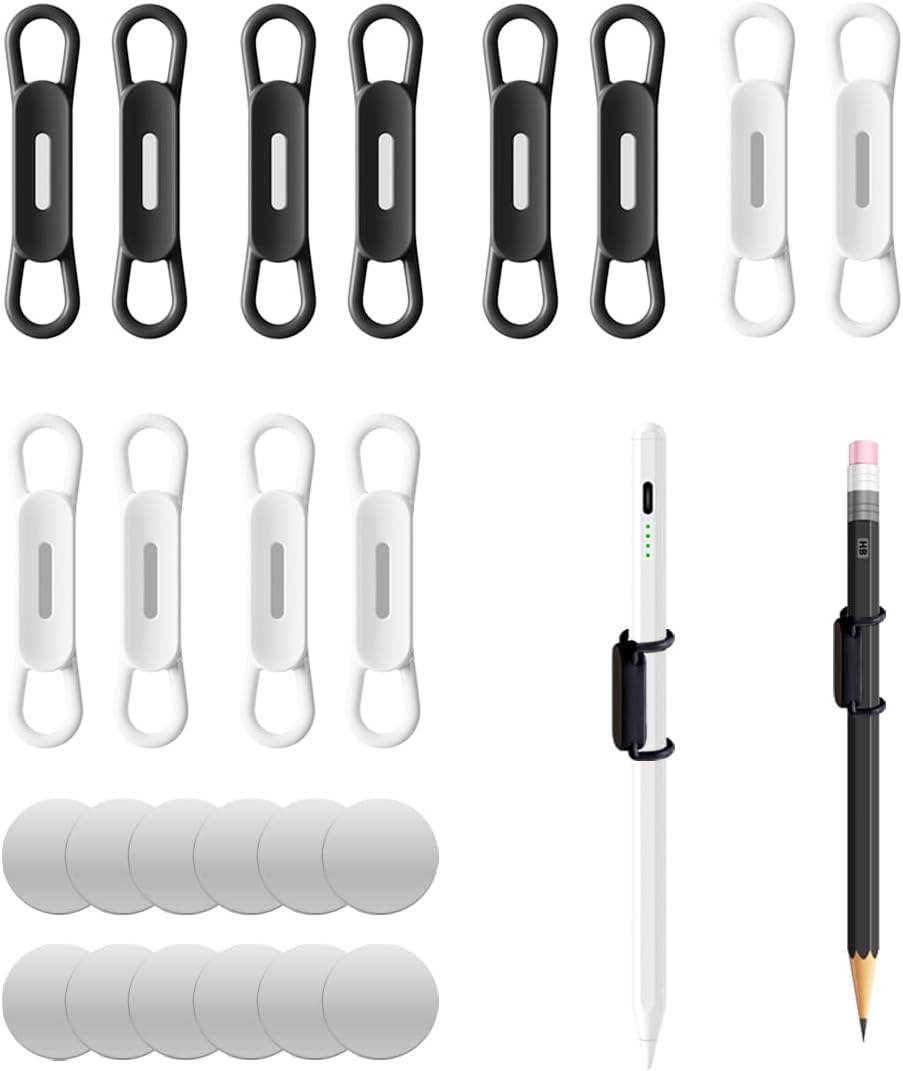 XYOFUN Magnetic Pen Holders Set of 8, Adjustable Pencil Clip, White & Black | Silicone Flexible Pencil Holder, For Refrigerator, Whiteboards, Desk Accessories & Teacher Supplies