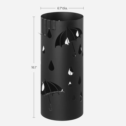 SONGMICS Umbrella Stand, Steel Round Holder Rack, 6.7 x 6.7 x 16.1 Inches | Umbrella Holder, with Detachable Drip Tray, Assembly Required, for Entryway, Office, Matte Black, PATSY Collection ULUC024B01