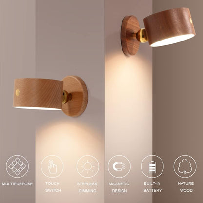 Wooden Wall Sconce 360° Rotatable Magnetic Stick on Bedside- Beech,1 PCS | Wall light self adhesive,dimmable touch control. USB-C port, minimalist style in hallways,closets,desk,reading,ambient