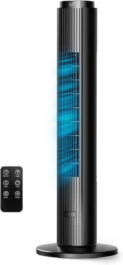 ZAFRO Tower Fan for Bedroom, 37'' Bladeless Fans with 4 Modes 6 Speeds, 26 ft/s Velocity, 28dB Quiet for Sleep, LED Touchpad & 12H Timer, 90° Oscillating Floor Fans that Blow Air, Black
