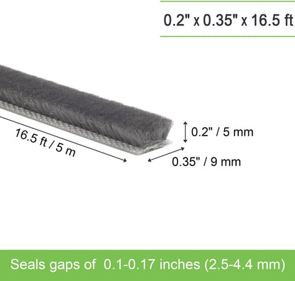 Self-Adhesive Weather Stripping Seal for Doors & Windows – Soundproof Insulation Gap Filler for Sliding, Exterior, Front, and Jamb Frames – 0.2" x 0.35" x 16.5 ft, Gray
