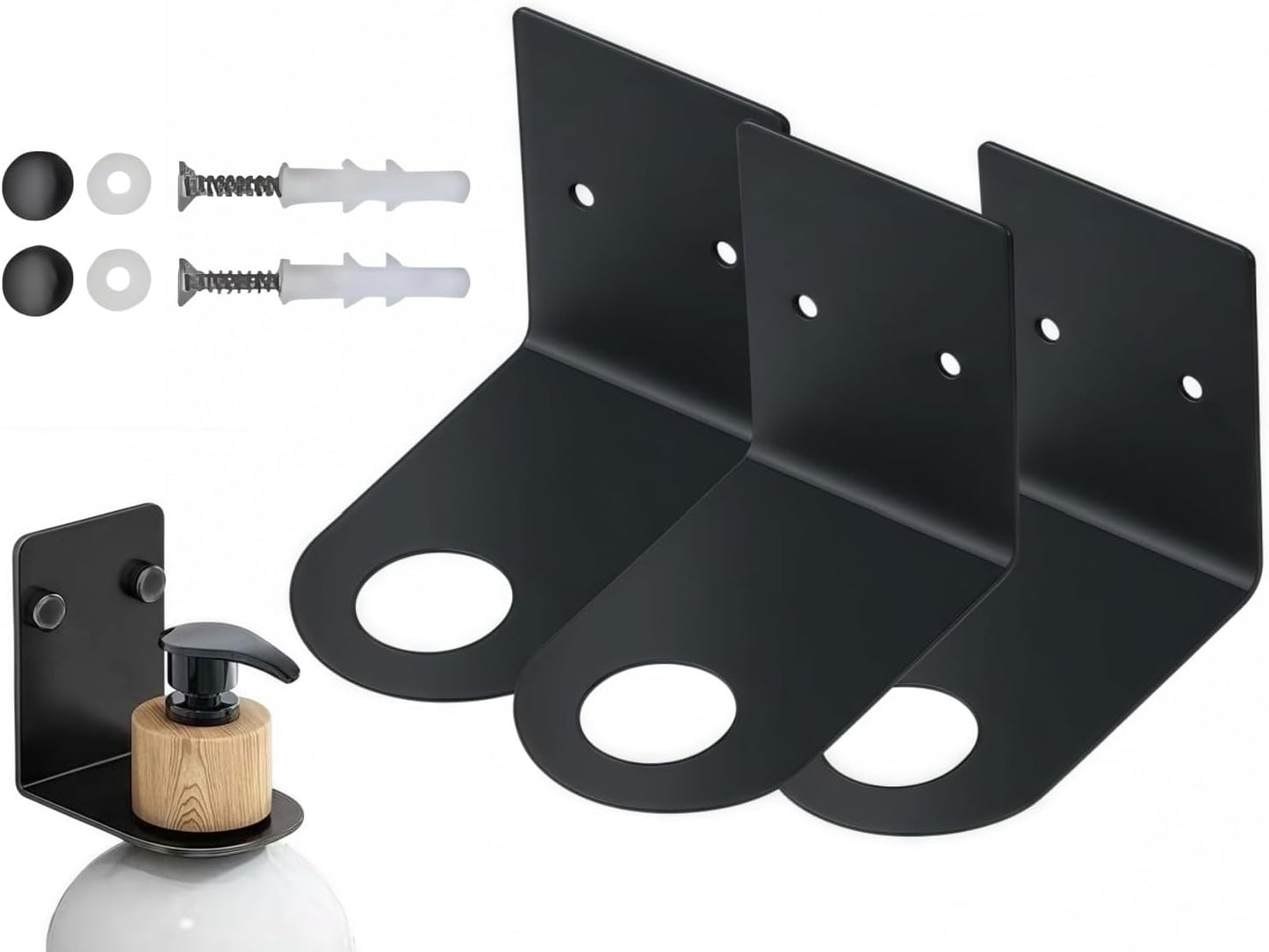 Soap Bottle Dispenser Holder Wall Mount 3PCS, Stainless Steel Bottle Holder Set Shampoo Conditioner Body Wash Dispenser Hanger Rack Shampoo Hole for 1.06in Holder for Kitchen Bathroom-Black