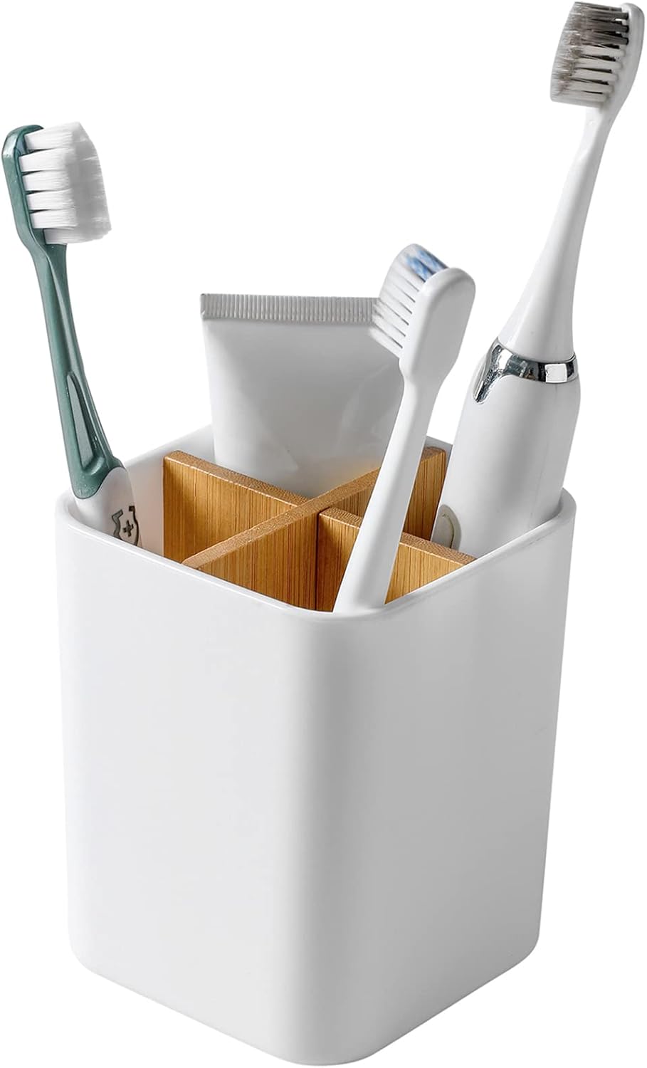 Bamboo Toothbrush Holder for Bathrooms Toothpaste Organizer - Black | Detachable Inserts, 3 Slots, Bathroom Counter Organizer, for Kids Electric Toothbrushes, Floss, Razors