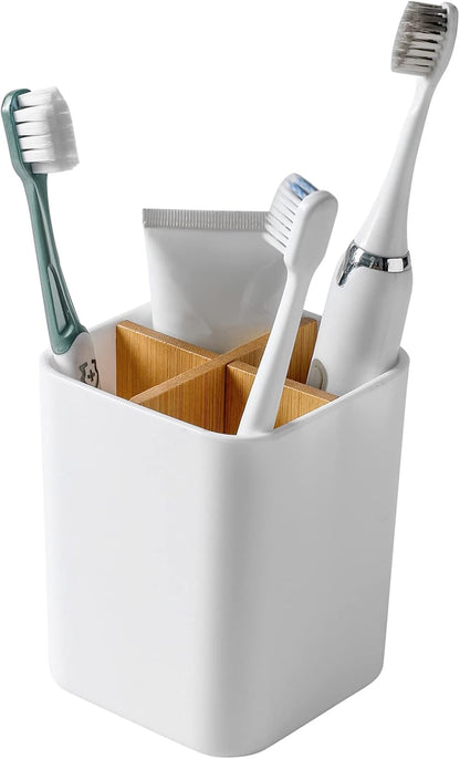 Bamboo Toothbrush Holder for Bathrooms Toothpaste Organizer - Black | Detachable Inserts, 3 Slots, Bathroom Counter Organizer, for Kids Electric Toothbrushes, Floss, Razors