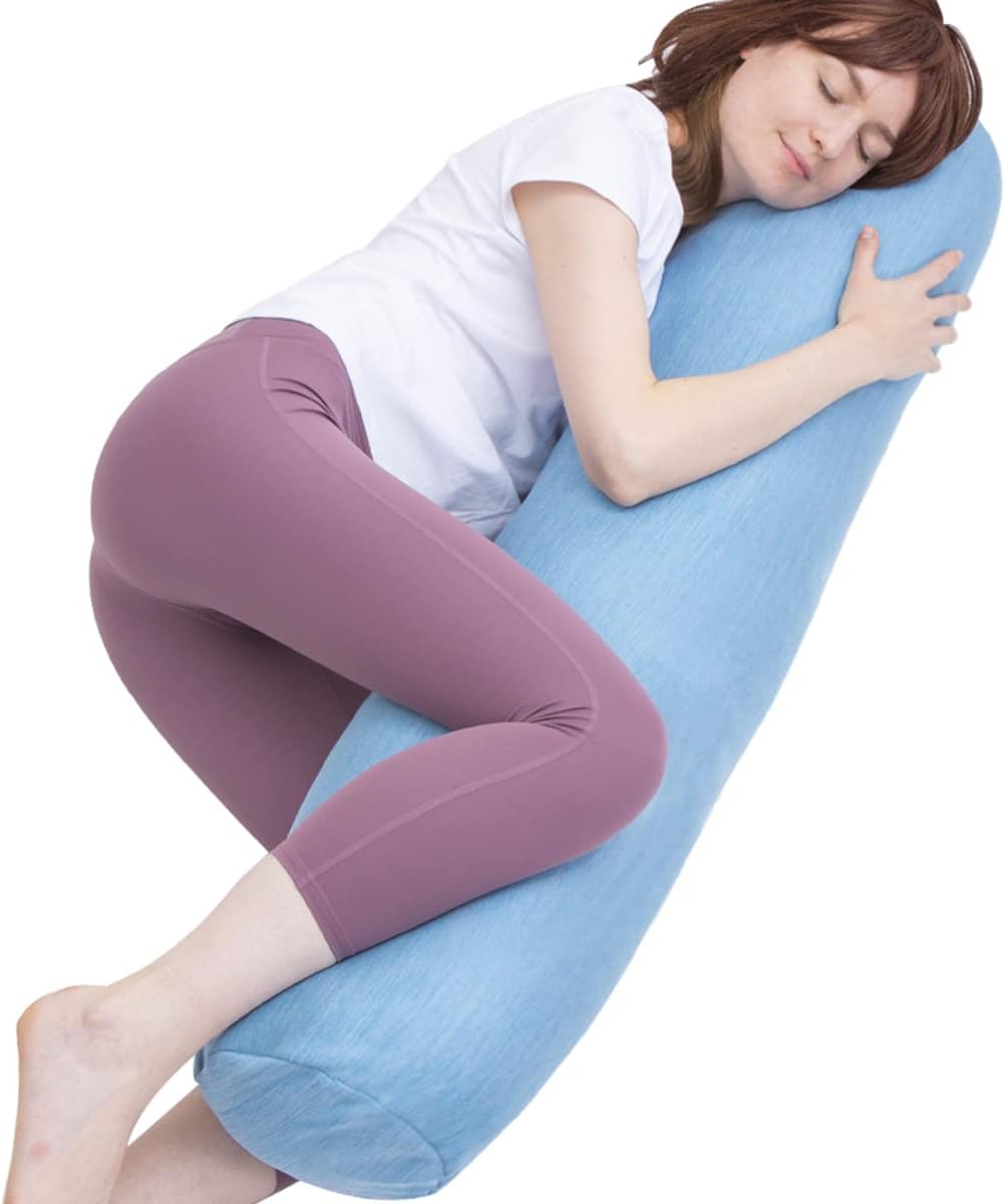 1 MIDDLE ONE Body Pillow for Adults, Bolster Pillow with Removable Velvet Cover, Long Round Cervical Roll Pillow, 35 x 7.87 Inches, Blue