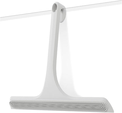 2-in-1 Silicone Shower Squeegee with Hook,Dual-Sided Design with Scraper & Scrub Surface,Rust-Proof Stainless Core,Streak-Free Bathroom Squeegee for Glass Doors,Mirrors,Windows,Car Windshields (Black)