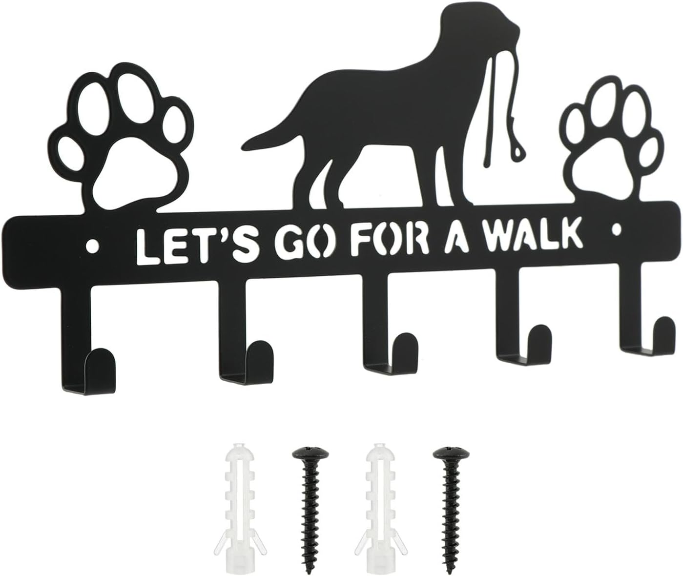 Dog Leash Holder for Wall, Key Holder with 5 Metal Hooks, Let's Go for A Walk Pet Leash & Collar Organizer, Screw Mounted Wall Rack for Entryway, Garage, Mudroom & Hallway