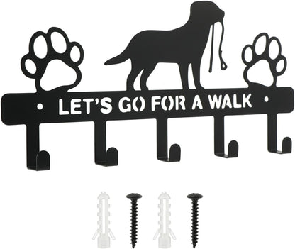 Dog Leash Holder for Wall, Key Holder with 5 Metal Hooks, Let's Go for A Walk Pet Leash & Collar Organizer, Screw Mounted Wall Rack for Entryway, Garage, Mudroom & Hallway