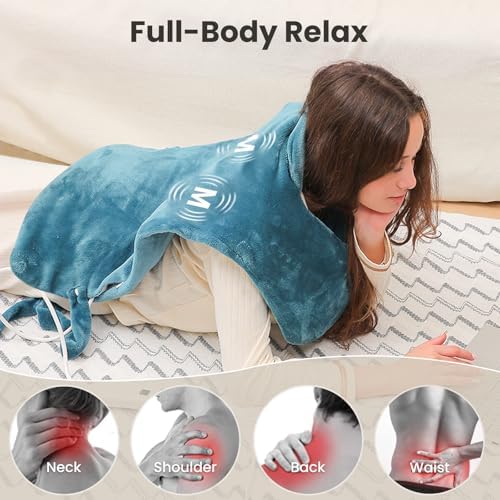 DAILYLIFE Heating Pad with Massager for Neck and Shoulders, Wearable Electric Heating Pads for Back Pain Relief, Auto-Shut Off, 6 Heat Settings, 4 Massage Modes, Large Size, UL Certified, Blue