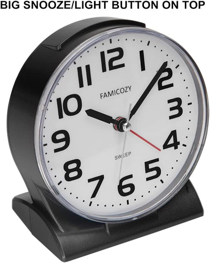 FAMICOZY 4.5" No Ticking Analog Alarm Clock,Silent Readable for Seniors,Easy to Set,Gradual Rise Alarm,Big Numbers,On/Off Switch on Side,Gentle Wake,Snooze Soft Backlight,Battery Operated,Black