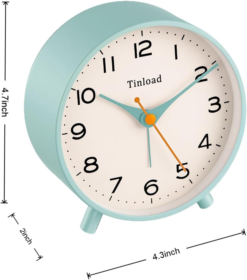 Tinload 4.5" Battery Operated Analog Alarm Clock, Small Silent Bedside Desk Clock with Night Light, Blue