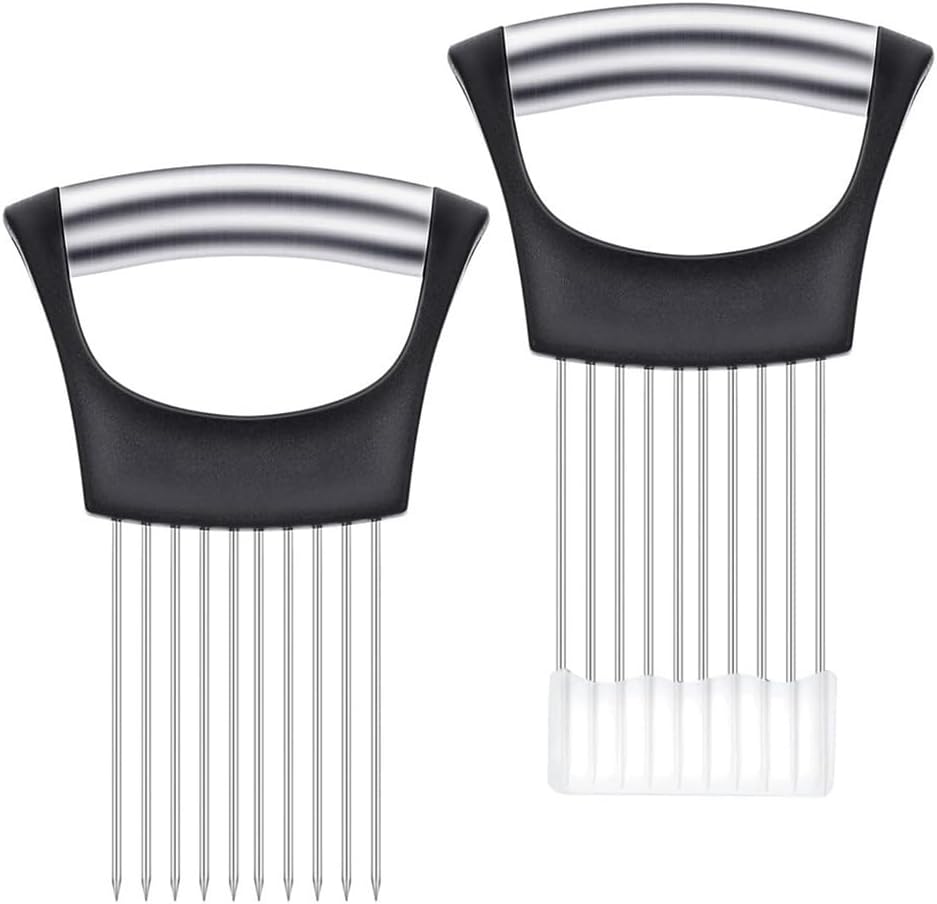 2Pcs onion slicer， Kitchen Prong Slicer for Vegetables and Meat, Stainless Steel Tines with Safety Handle, Black (2)