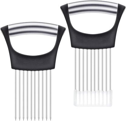2Pcs onion slicer， Kitchen Prong Slicer for Vegetables and Meat, Stainless Steel Tines with Safety Handle, Black (2)
