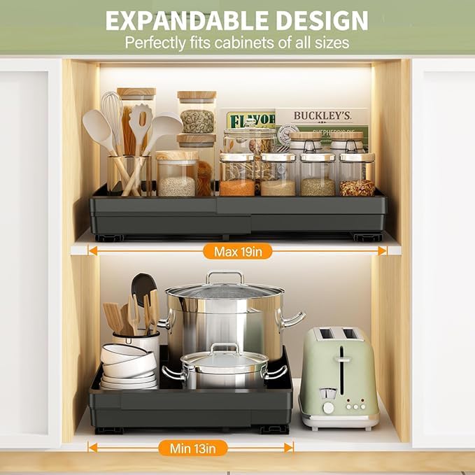 DOMNIU Pull Out Cabinet Organizers Expandable,White,16.9"Depth,2 Pack | Slide Out Drawers for Kitchen, Bathroom, Pantry, Under Sink Storage, Fixed with Adhesive Nano Film (11.6''-17.5'')