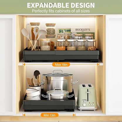 DOMNIU Pull Out Cabinet Organizers Expandable,White,16.9"Depth,2 Pack | Slide Out Drawers for Kitchen, Bathroom, Pantry, Under Sink Storage, Fixed with Adhesive Nano Film (11.6''-17.5'')