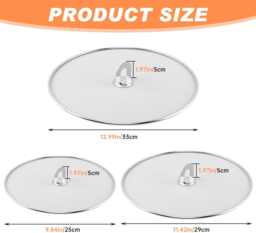 Splatter Screen for Frying Pan, 3 Pack 10, 11.5, 13 Inch | Fine mesh grease splatter guard for frying pans, skillets, woks, and sauté pans