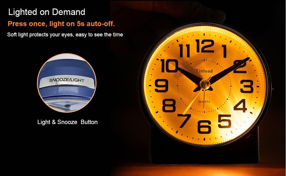 Tinload 4.3" No Ticking Analog Alarm Clock,Silent Readable for Seniors,Easy to Set,Gradual Rise Alarm,Big Numbers,On/Off Switch on Side,Gentle Wake,Snooze,Lighted on Demand,Battery Operated,Black