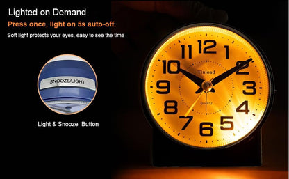 Tinload 4.3" No Ticking Analog Alarm Clock,Silent Readable for Seniors,Easy to Set,Gradual Rise Alarm,Big Numbers,On/Off Switch on Side,Gentle Wake,Snooze,Lighted on Demand,Battery Operated,Black