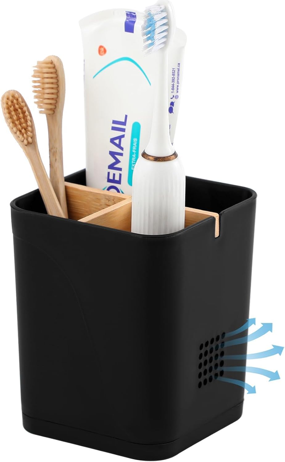 Electric Toothbrush Holder Tooth Brush and Toothpaste Organizer, Black | 3 Slots, Drainage Holes, Removable Bamboo Divider, Ventilation Design, Space-Saving, for Bathroom Countertop, Shower, Vanity
