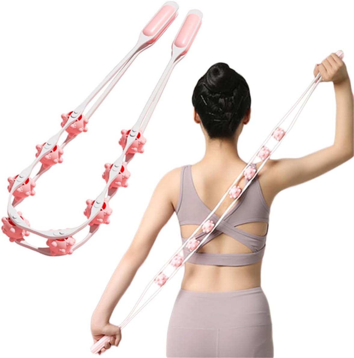 Manual Back Massage Roller Rope, Handheld Massage Ball Roller Anti Cellulite Massage Roller, Fascia Roller Manual Massage Strap for Back Neck Shoulder Waist Leg Muscle Exercise Massage Roller (Pink)