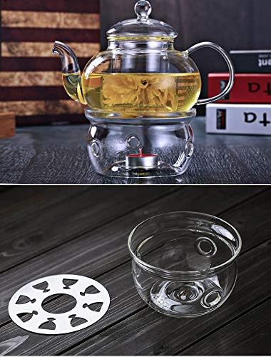 Teapot Warmer with Stainless Steel Plate Handcrafted Clear High Borosilicate Glass Round Diameter 5inch for 600-1800ml Teapot