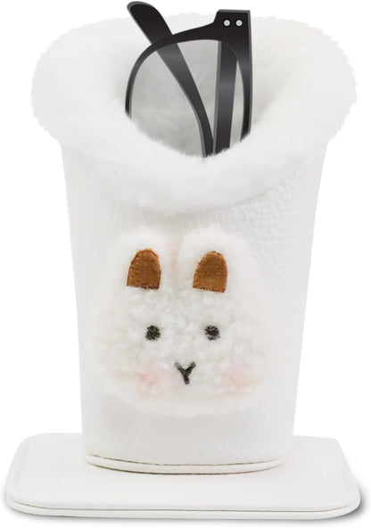Plush Lined Eyeglasses Holder, Cute Magnetic PU Leather Glasses Stand Case for Women Men Kids