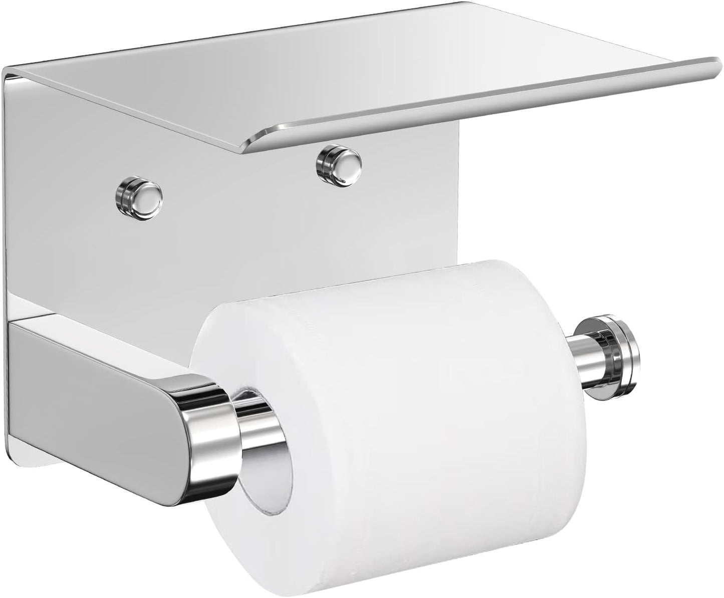 VAEHOLD Self Adhesive Toilet Paper Holder with Phone Shelf Stainless Steel Wall Mounted Toilet Paper Roll Holder - Rustproof and Bathroom Washroom Tissue Roll Holder with Shelf - Black
