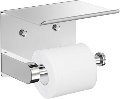 VAEHOLD Self Adhesive Toilet Paper Holder with Phone Shelf Stainless Steel Wall Mounted Toilet Paper Roll Holder - Rustproof and Bathroom Washroom Tissue Roll Holder with Shelf - Black