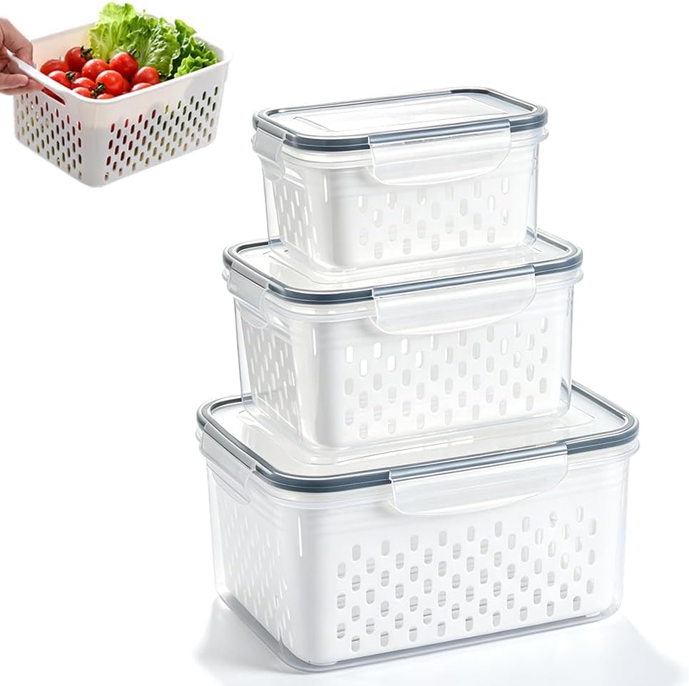 Fruit Storage Containers for Fridge, Leakproof Produce Containers with Colanders & Lids, Refrigerator Organizers and Storage for Berry Vegetable Salad Lettuce Meat Food, Blue, S+M+L