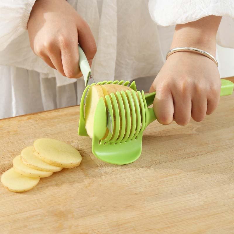 Tomato Slicer Holder, Fruit Cutting Guide Tool, Onion Lemon Potato Slicer, Safe Hand Guard Kitchen Tool with Handle, Even Slice Cutter (Green)