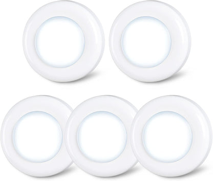STAR-SPANGLED 2.8” LED Puck Lights Under Cabinet AAA Battery, 5 Pack White | Mini Touch Lamp Battery Operated Powered, DIY Strong Adhesive Stick on Push Tap Light for Kitchen, Closet, Pantry, Shelf