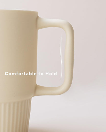 Ceramic Tea Mug with Stainless Steel Infuser and Lid, Ribbed Loose Leaf Tea Cup, Comfort-Grip Curved Handle, Minimalist Aesthetic Coffee Mug for Home Office, 20oz (Matte Buttercream)