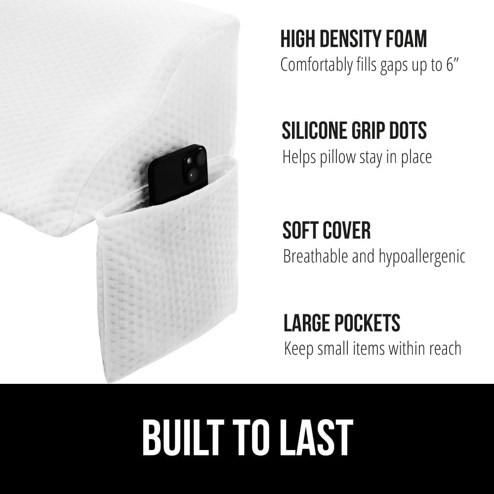 GORILLA GRIP Patented Bed Wedge Pillow for Headboard Gap, Filler Between Mattress Gaps, Comfortable Supportive High Density Cushioned Foam Pillows, Stay in Place Gripping Dots, King Soft Gray