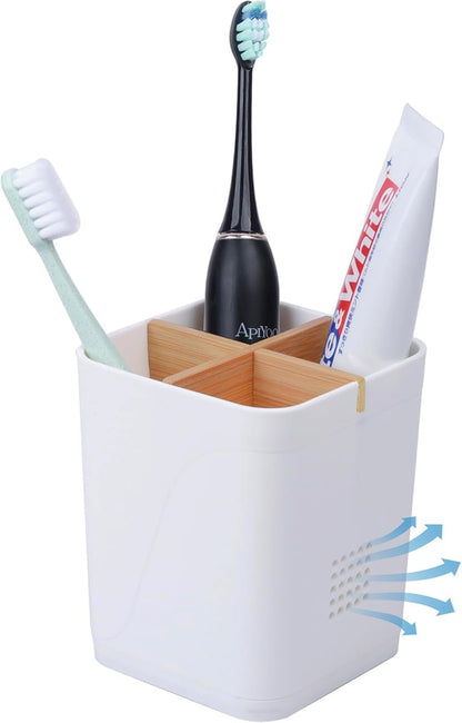 Electric Toothbrush Holder Tooth Brush and Toothpaste Organizer, Black | 3 Slots, Drainage Holes, Removable Bamboo Divider, Ventilation Design, Space-Saving, for Bathroom Countertop, Shower, Vanity