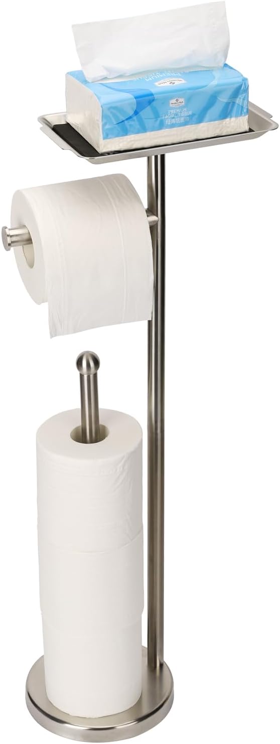 Exilon Toilet Paper Holder Stand for Bathroom Floor Freestanding Toilet Roll Dispenser Storages 4 Reserve Rolls, with Top Storage Shelf for Cell Phone (Brushed Nickel)
