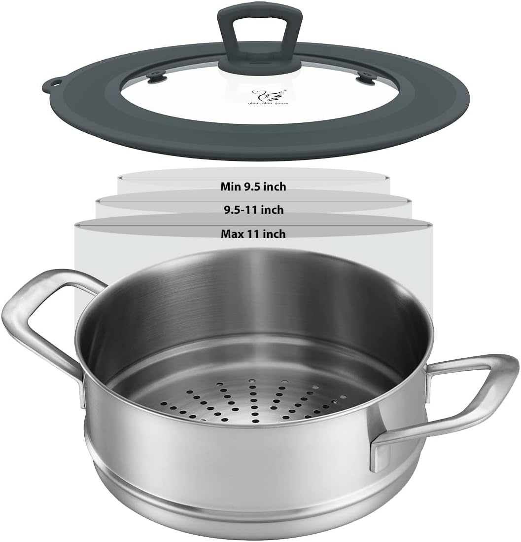 Vented Tempered Glass Universal Lid for Pot Pan Skillet with Heat Resistant Silicone Rim Microwave Splatter Lid Cover Microwave Safe Fit 11.5" 12" 12.5" Cookware, Dishwasher Safe Black