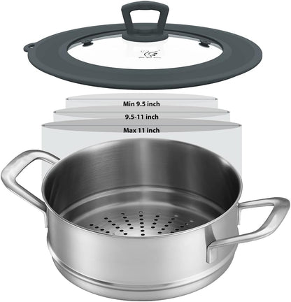Vented Tempered Glass Universal Lid for Pot Pan Skillet with Heat Resistant Silicone Rim Microwave Splatter Lid Cover Microwave Safe Fit 11.5" 12" 12.5" Cookware, Dishwasher Safe Black