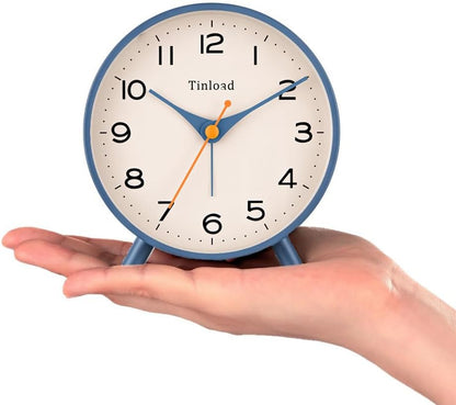 Tinload 4.5" Battery Operated Analog Alarm Clock, Small Silent Bedside Desk Clock with Night Light, Blue